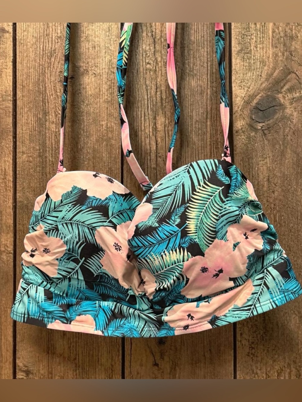 OP Tropical Floral Bikini Top in Teal & Pink LARGE